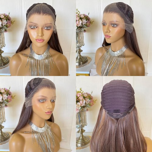 CIMITIKI Ash Brown Wigs Mixed Platinum Color Highlight Silk Straight 13x4 Lace Front Wig Synthetic Fiber 18Inch Pre Plucked Hairline for Women