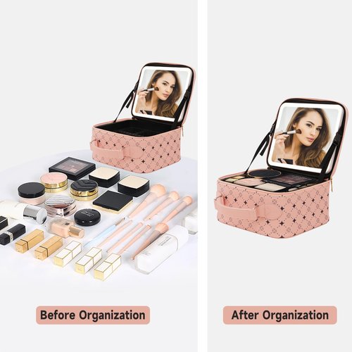 Travel Makeup Bag With 360° rotating LED Mirror,Waterproof cosmetic organizer,Portability Cosmetic case,Makeup organizer,Gift for Women,Girls Gift (Pink)