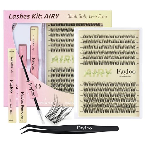 Natural Wispy Lash Clusters Kit, C Curl Soft Individual Lashes 8-16mm, DIY Eyelash Extensions with 0.05mm Thin Invisible Band, DIY Salon Kit with Bond Seal Remover Tweezer, FayJoo AIRY 12 Kit