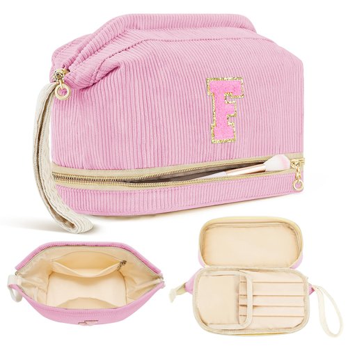 Birthday Gifts for Girls, Personalized Initial Make up Bag 18th Birthday Gifts for Girls Women, Travel Make up Bag Cosmetic Bag Preppy Stuff Bag for Her Mom Girlfriend Wife Teacher - Pink F