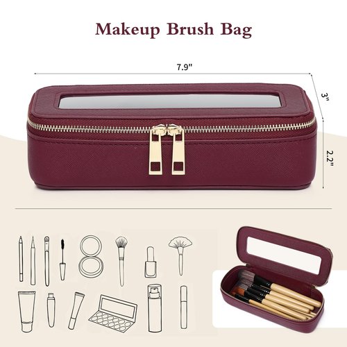 Pinkmik Makeup Brush Case Clear Travel Cosmetic & Toiletry Bag Small Makeup Bag with Zipper Purse Organizer Car Essential Bag for Women (X/Burgundy, SLIM)