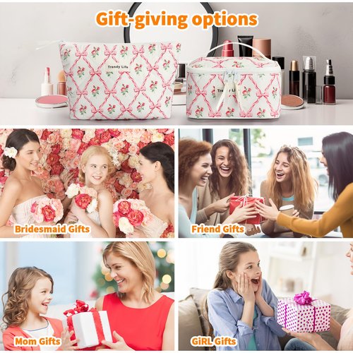 HAOGUAGUA 2 Pieces Makeup Bag, Small Large Quilted Cosmetic Bag, Travel Floral Make Up Toiletry Organizer Bag for Women Girls (2PCS STYLE B-1)