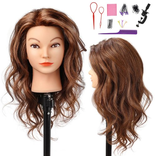 SOPHIRE 20-22 inches 100% Real Human Hair Mannequin Head, Hairdressers' Practice Training Head and Cosmotology Doll Head for Hairstyling and Braid - Dark Brown