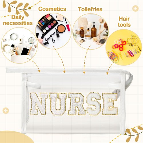 CY2SIDE NURSE Clear Makeup Bag - White Letter Patch Cosmetic Bag with Handle for Travel PVC Zipper Clear Travel Pouch for Toiletries Waterproof Portable Organizer Case Gift for Nurse, White