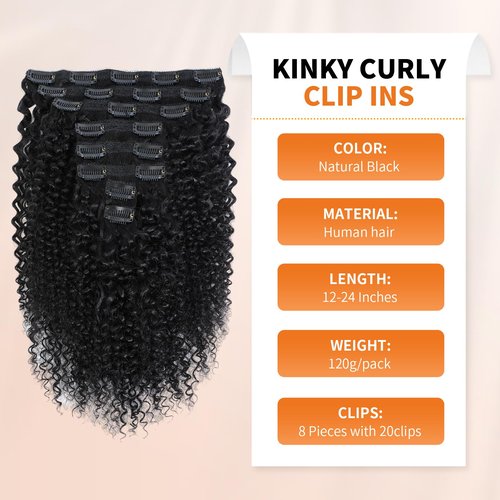 Kinky Curly Clip ins Human Hair 3C 4A Curly Clip in Hair Extensions for Black Women 8Pcs with 20Clips 120g/set 10A Brazilian Human Hair Natural Black 16 Inch