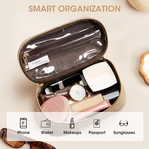 Kattee Makeup Bag for Women, Leather Cosmetic Bag, Working Makeup Bags for Ladies with Handles, Portable Travel Toiletry Bag,Apricot