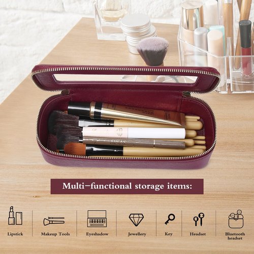 Pinkmik Makeup Brush Case Clear Travel Cosmetic & Toiletry Bag Small Makeup Bag with Zipper Purse Organizer Car Essential Bag for Women (X/Burgundy, SLIM)
