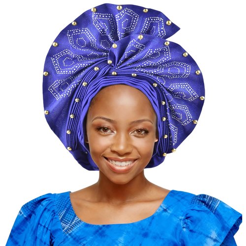 Nigerian headwear African headscarf,Auto Gele headband,hand wrap beaded - made for weddings parties events (Royal Blue)