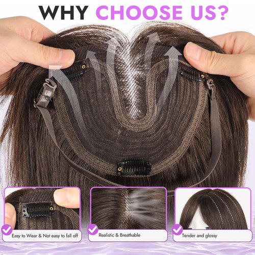 Eawwii Hair Topper for Women Clip in Bangs – 18 Inch Medium Length Straight 360° Full Coverage Dark Brown,Synthetic Natural Looking Piece for Thinning Hair