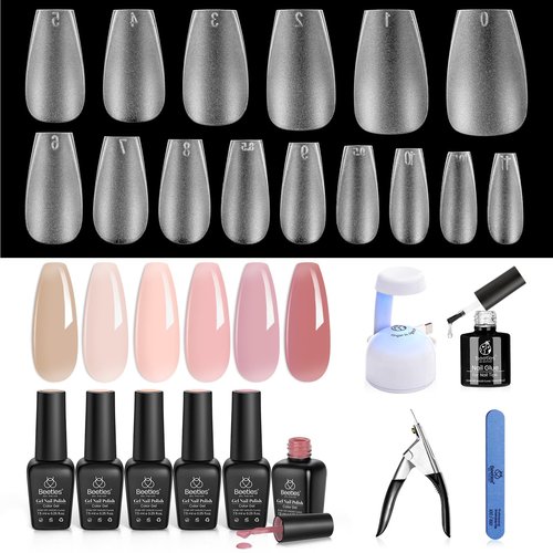 Beetles Gel Polish Nail Extension Kit 240 Pcs Gelly Tips Full Matte Short Coffin Shape 5 in 1 Glue Uv Led Lamp & Jelly Gel Polish Nude Pink Color Neutral Translucent Set Soak Off Nail Lamp Manicure