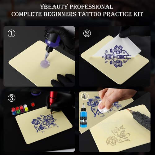 Tattoo Practice Skin with Transfer Paper 124Pcs Complete Tattoo Practice Skins Kit with 6Pcs 3mm Fake Skin 30Pcs Transfer Papers 4OZ Transfer Gel for Beginners Tattooing Supplies (124pcs)