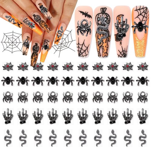 WOKOTO 50pcs 3D Black Metal Nail Charms for Nail Art, 3D Halloween Charms for Acrylic Nails - Black Spider, Snake, Skull Hand Alloy Jewelrys for Women Girls Halloween Holiday Nail Gems Accessories
