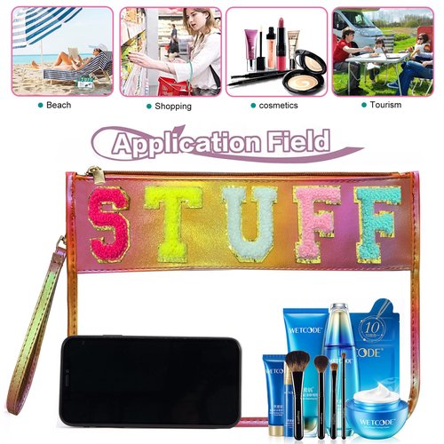 Cawvox Clear Stuff Bag for Travel,Chenille Letter Sewn On Zipper Pouch, PVC&PU Leather Cosmetic Bags,Sunscreen Bag, Toiletry Bag, Water-proof Makeup Bag For Women and Friend, Gym,Beach (Colorful)
