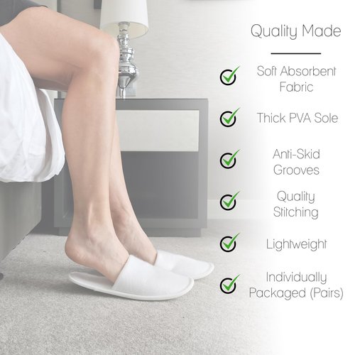 Hotel Spa Slippers 12 Pairs Bulk Disposable Non Slip Travel Closed Toe Guest Unisex (White (12-Pairs), US Footwear Size System, Adult, Women, Alpha, Wide, One Size)