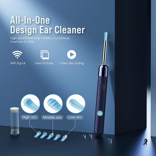 Ear Wax Removal - Earwax Remover Tool with 8 Pcs Ear Set - Ear Canal Cleaner with 1080P Camera - Ear Cleaning Kit with 6 Ear Spoon - Ear Camera for iOS & Android (Navy Blue)