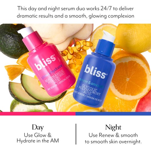 Bliss AM+PM Serum Duo: Glow & Hydrate with Vitamin C + Renew & Smooth with Glycolic Acid for 24-Hour Radiant, Hydrated Skin - Daily Skincare Routine Set