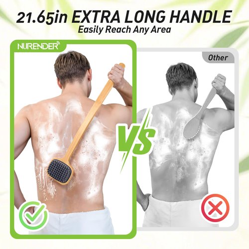 NURENDER Dual-Sided Back Scrubber for Shower, 21.65'' Long Handle Back Brush, Soft Silicone for Sensitive Skin, Dry Brushing & Back Cleansing, Dry Quickly Body Bath Brush for Men, Women, Elderly