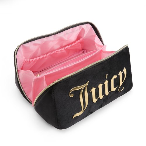 Juicy Couture Black Makeup Bag Cosmetics Organizer Travel Essentials Diagonal Loaf Velour Large Logo
