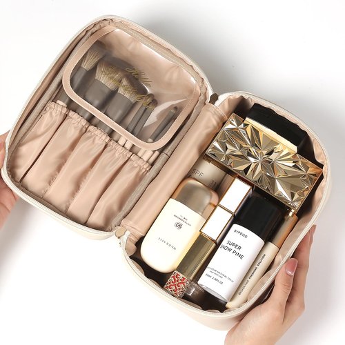 Travel Makeup Bag for Women Portable Cosmetic Bag Case Large Capacity Travel Toiletry Bag Waterproof Leather Make Up Organizer Cosmetic Brush Bag Case with Handle for Women