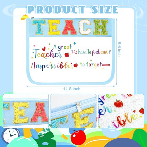 Kacctyen 4 Pcs Back to School Makeup Bags Gift for Teacher Chenille Letter Toiletry Bag Pouch with Zipper Travel Accessory Organizer Gifts Women Teacher