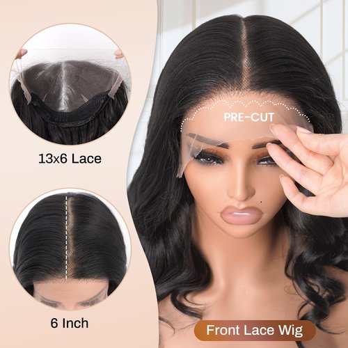 Body Wave 13x6 HD Lace Front Wigs Blend Human Hair 180% Density Bob Wig Pre Plucked Short Bob Wigs for Black Women Glueless Frontal Wig Synthetic Hair Natural Black Loose Wavy 16 Inch