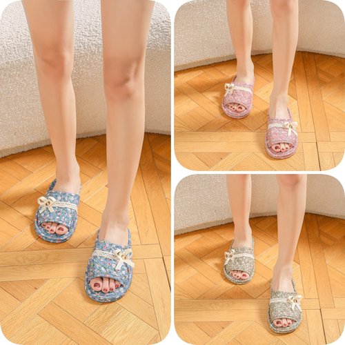 biroris 3 Pairs Floral Cotton House Slippers for Women, Open Toe Indoor Slippers Comfortable Washable Portable Foldable Guest Travel Hotel Airplane Spa Slippers