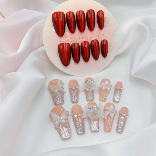 CAPTAIN CAT Handmade Press on Nails White Wedding 3D Flower Design Coffin length 1.22in Reusable Fake Nails for Women 20pcs (Diamond Vow, S)