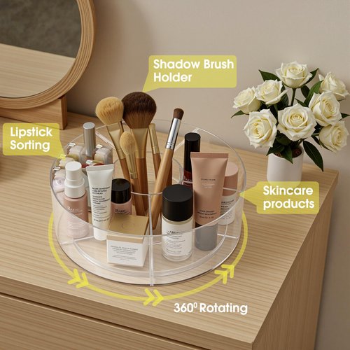 Lonian 360° Rotating Makeup Organizer, Adjustable Acrylic Cosmetic Storage, Cosmetic Organisers and Spinning Makeup Stand for Beauty Skincare
