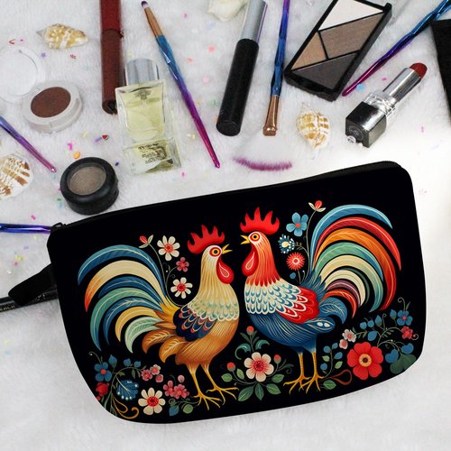 Livel lhood Floral Roosters Makeup Bag Colorful Chicken Small Organizer Bag Zipper Pouch Ethnic Style Roosters Print Cosmetic Bag Present for Women Friends