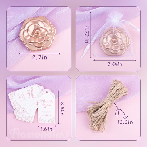 Framendino, 20 Set Rose Compact Mirror Bulk Wedding Party Favors Including Mini Mirrors Thank You Tag White Organza Bag and Jute Twine for Bridal Shower Souvenirs