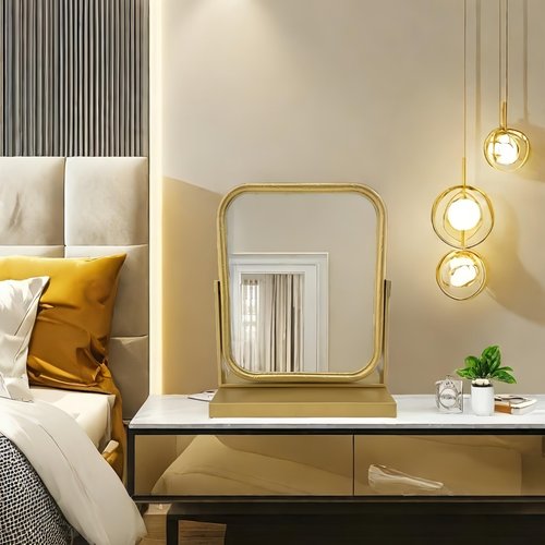 Deng YH Tabletop Vanity Mirror Adjustable Rotation Golden Metal Framed Gold Vanity Mirror, Room for Living Room,Bedroom,Tabletop,Bathroom.