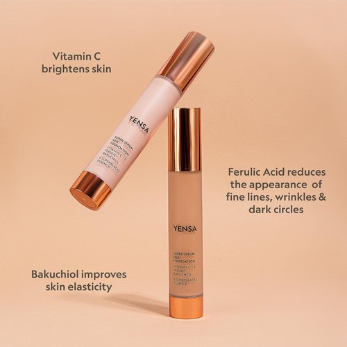 YENSA Serum Foundation Makeup - Super Silk Full Coverage Foundation Enriched with Peptides, Vitamin C & Ferulic Acid to Help Reduce Fine Lines, Wrinkles & Dark Circles - Tan 1 (1 oz)