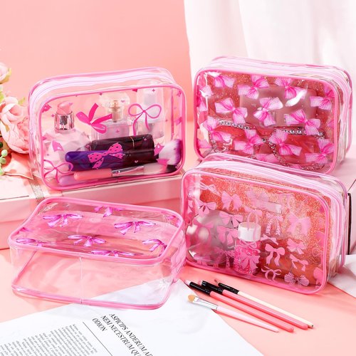 Kacctyen 8 Pcs Coquette Pink Bow Makeup Bags Clear PVC Skincare Cosmetic Bags Waterproof Travel Toiletry Zipper Pouch Coquette Party Favors Gifts for Women Girls Travel Storage Accessories(Bow)
