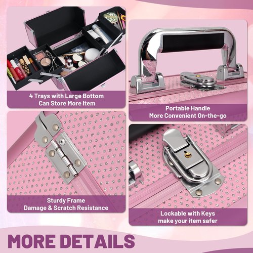 HAISKY Makeup Train Case Cosmetic Organizer Case Makeup Box Portable Make Up Artist Travel Case with 4 Trays Dividers Lockable Hard Train Case Nail Tech Supply Storage - Crystal Pink