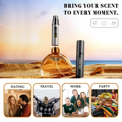 DIOHIO 5ml Perfume Atomizer Travel Refillable,Mini Cologne Dispenser, Bottom-Filling Fragrances Perfumes Bottle,Portable Sprayer Pocket Size for Women Men Cruise Car Trip Gift 2pcs (grey-silver)