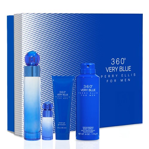 Perry Ellis 360° Very Blue Gift Set - 3.4 fl oz Eau de Toilette, 3 oz Shower Gel, 6 oz Body Spray, .25 fl oz EDT Mini Travel Spray - fresh, aquatic, citrus, clean