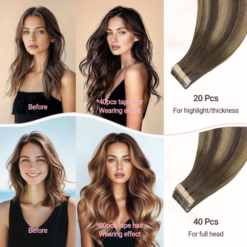 MAXITA Tape in Hair Extensions Human Hair, Balayage Chocolate Brown to Caramel Blonde, 18inch 50g 20pcs, Remy Silky Real Human Hair Extensions Thick Ends Straight Seamless Tape in Hair Extensions