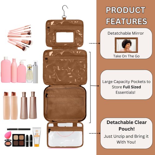 ESSENTE Women's Travel Toiletry Bag with Removable Pouch and Hanging Hook - Water Resistant Makeup Cosmetic Oraganizer with Multiple Compartments for Accessories (OFF WHITE FAUX LEATHER)