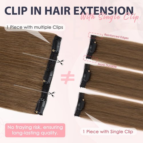 TESS Clip in Hair Extensions Human Hair with Single Clip Lace Weft Straight Highlight Add Volume 6 Pcs 6 Clips, 16 Inch, Chocolate Brown