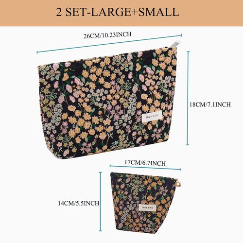 getgto 2 Pcs Makeup Bags, Large Cosmetic Bag Travel Toiletry Bag Organizer for Women, Embroidery Craft, Floral Makeup Bag Small Cosmetic Pouch Purse with Zipper Gifts for Girls Teen