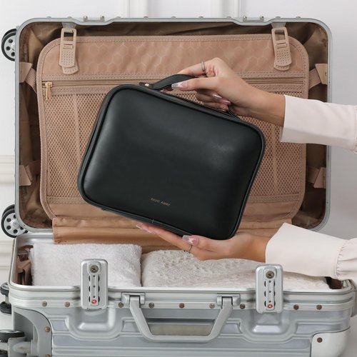 RIGHT AWAY Travel Toiletry Bag for Women, Makeup Bag& Cases, Waterproof Makeup Organizer Cosmetic Bag with Compartments,Portable Make Up Bag for Travel Size Toiletries,Skincare,Brushes Set,Black