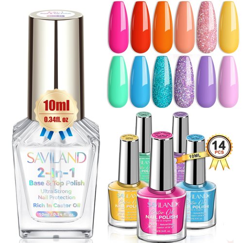 SAVILAND Nail Polish: 12 Neon Bright Nail Polish Kit and 2 in 1 Base Top Nail Polish Coat for Finger Toe Nail Art Home