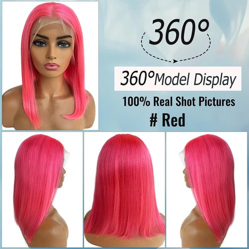 Pink Bob Lace Front Wigs Human Hair Pre Plucked 13x4 Straight Pink Bob Wigs 8Inch Glueless HD Lace Front Wig Human Hair 180% Density Pink Bob Wig for Black Women （10in）