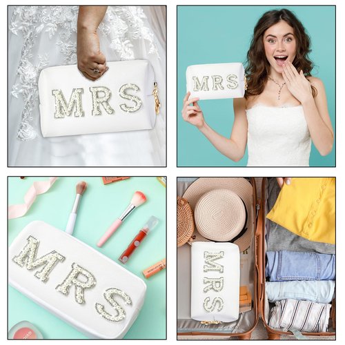 Bride Makeup Bag, Bride Patch MRS Cosmetic Bag, Pearl Rhinestone Letter Toiletry Bag, Wedding Bag, Portable PU Leather Waterproof Zipper Pouch, Bride Gift, Bridal Shower Gift, Engagement Gift