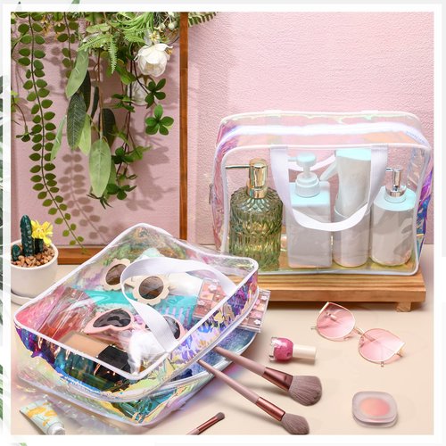 Sweetude 10 Pcs Large Clear Toiletry Bag Large Capacity Travel Iridescent Makeup Bag PVC Clear Plastic Tote Punch Cosmetic Clothes Organizer for Women Men(White)