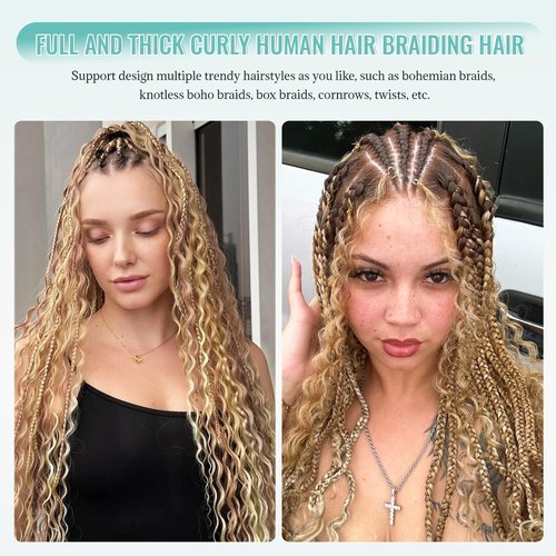 Honey Blonde Highlight Human Braiding Hair for Boho Braids Water Wave Bulk Human Hair for Braiding Ombre Color No Weft 2 Bundles 100G Wet And Wavy Twist Hair Braiding 16 Inch