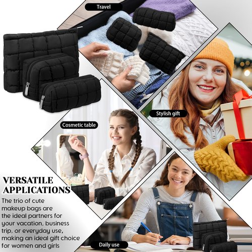 Huhumy 3 Pcs Puffy Makeup Bag Quilted Cosmetic Pouch for Women Cute Checkered Travel Toiletry Bag Puffer Makeup Organizer Purse Pouch Preppy Pencil Case with Zipper