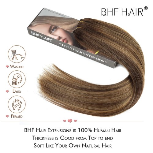 14" Clip in Remy Human Hair Extensions Chocolate Brown to Caramel Blonde Balayage Double Weft Thickness to Ends, 100% Human Hair Extensions for Women, 6 Pieces 70g / 2.45oz.