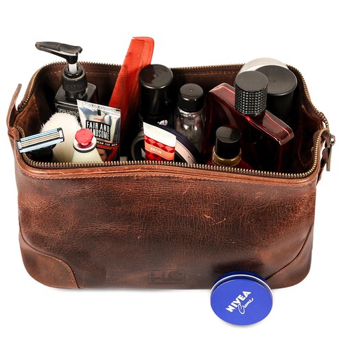 HLC Leather Toiletry Bag for Men - Premium Genuine Leather Dopp Kit Shaving Kit Organizer Travel Kit Pouch Bag - Large Size - Rustic Brown