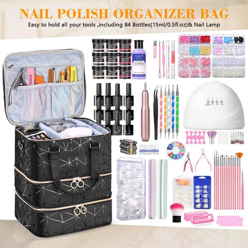 Nail Polish Organizer Case Holds 84 Bottles(15ml/0.5 Liquid Ounces) & Nail Lamp,3 Layers PU Leather Nail Supplies Storage Organizer Bag,Large Shoulder Strap Nail Polish Holder Travel Carrying Case.